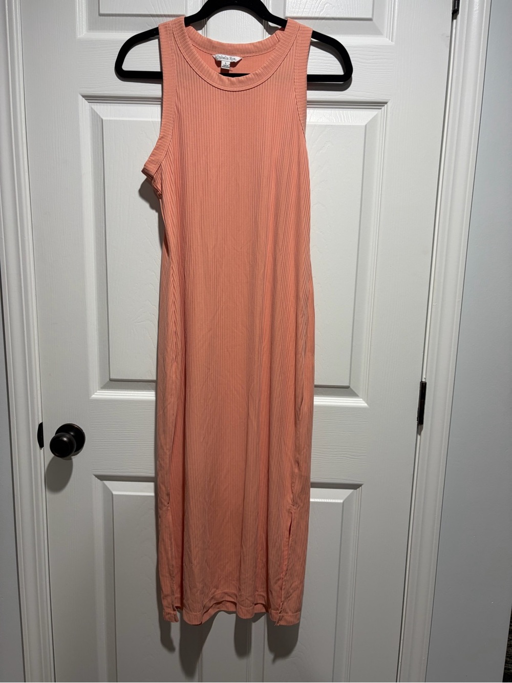 Ophelia Roe Ribbed Midi Dress | Size Large | Peach Sleeveless Tank Dress